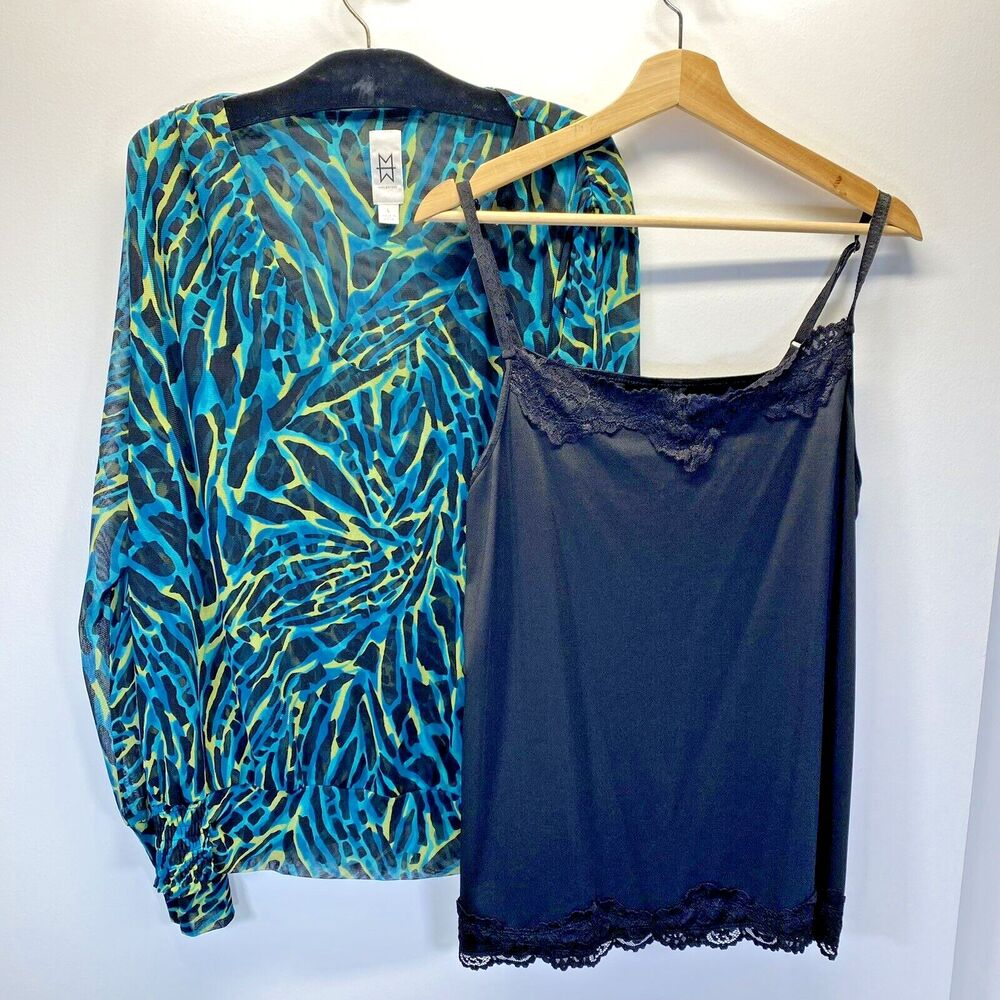 Marc Bouwer Women's Blouse Sz L Sheer Print w/Avenue Spaghetti Lace Trimmed Tank